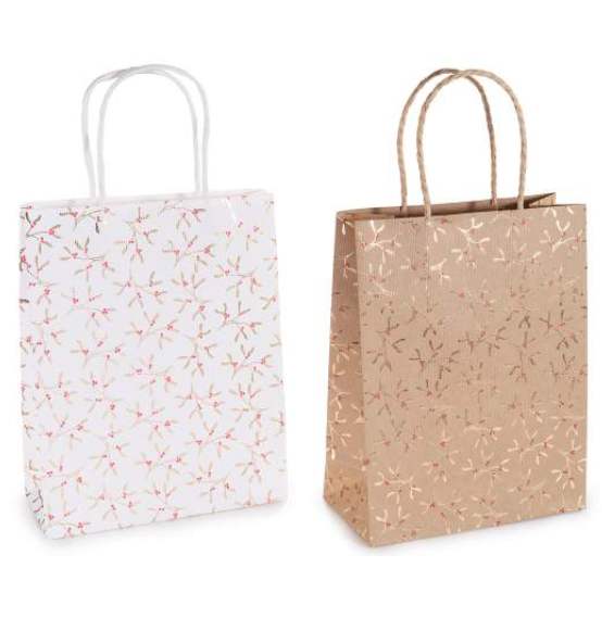 Sacchetto regalo medio in carta naturale con stampa natalizia rametti oro 20pz.